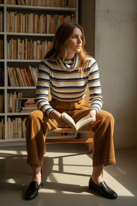 Ribbed Long Sleeve Stripe Cowl Neck Top - MUTCCI